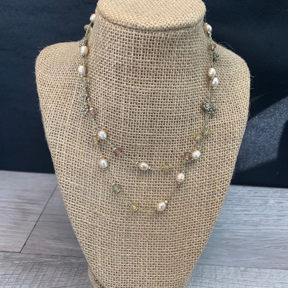 Juicy Couture Faux Pearl Floral Layered Necklace Gold Tone Pink Green 16"